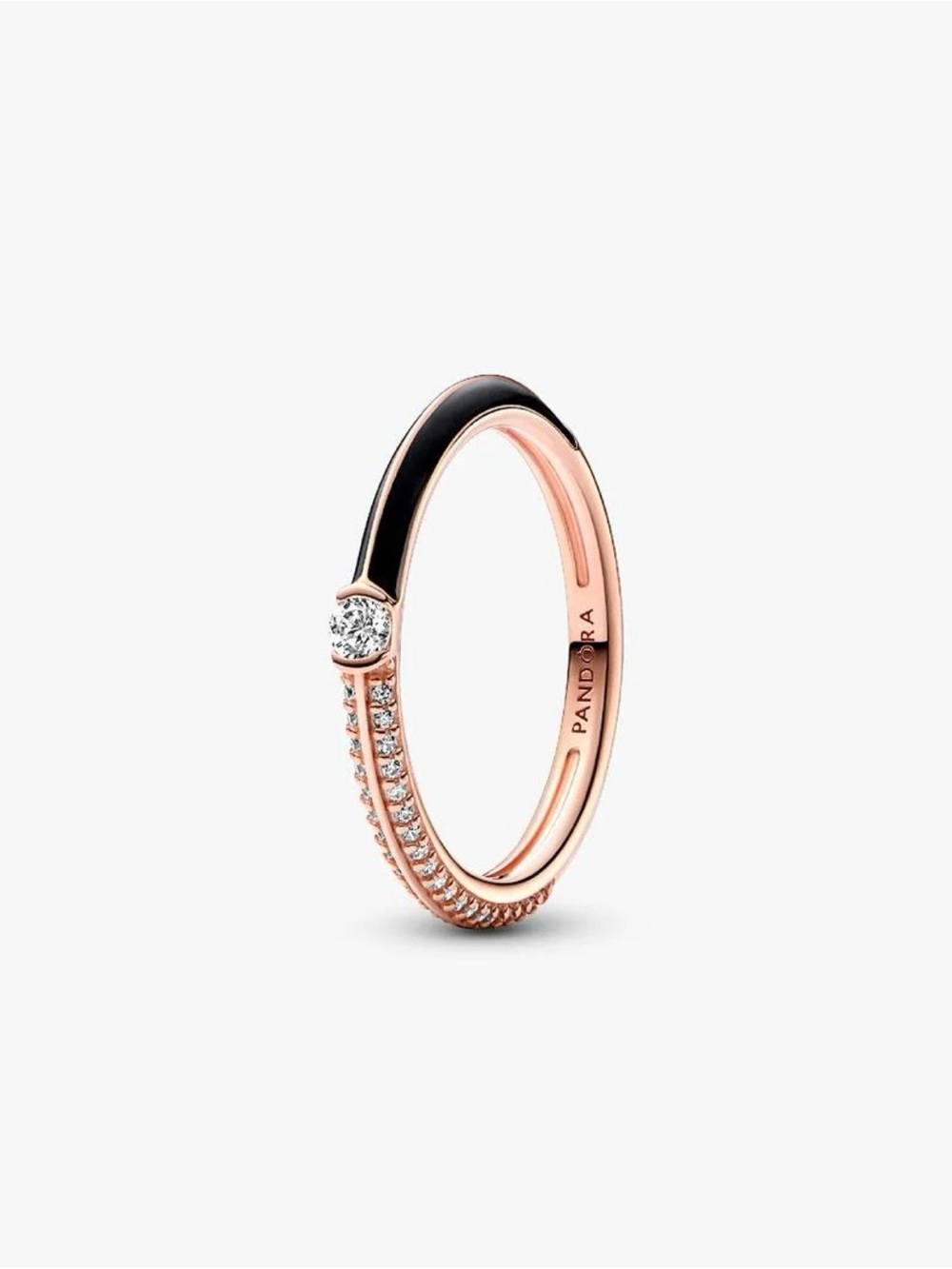 Pandora Rose Gold Black Dual Ring with Clear Stones. Size 7
